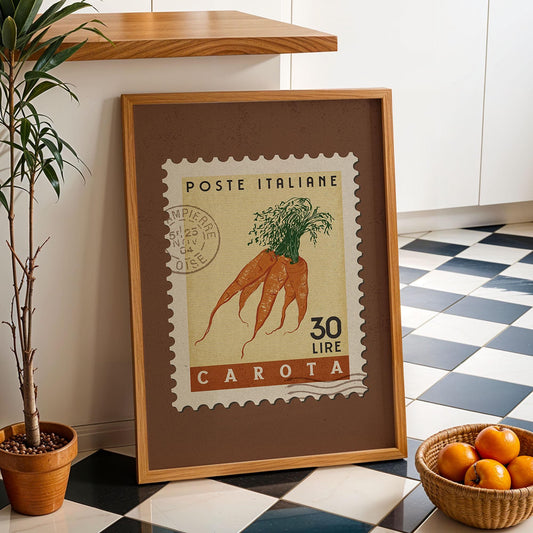 Vintage Carrot Poster, Retro Stamp Poster | Retro Kitchen Print | Italian Food Art Print, Trendy Kitchen Decor, Unique Food Gift