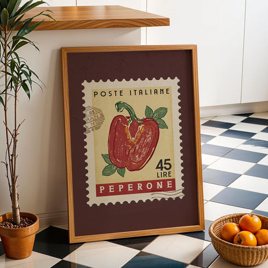 Red Bell Pepper Poster, Retro Stamp Poster | Retro Kitchen Print | Italian Food Art Print, Trendy Kitchen Decor, Unique Food Gift