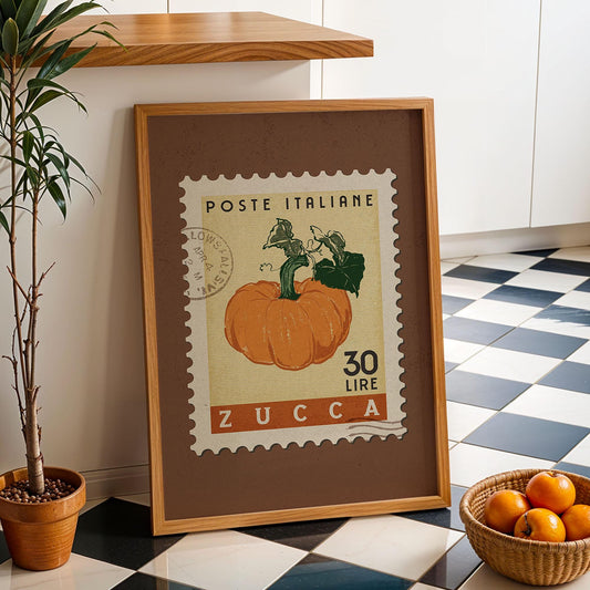 Pumpkin Poster, Retro Stamp Poster | Retro Kitchen Print | Italian Food Art Print, Trendy Kitchen Decor, Unique Food Gift