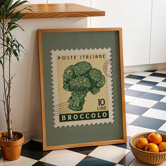 Vintage Broccoli Poster, Italian Food Art Print | Retro Kitchen Print | Retro Stamp Poster, Trendy Kitchen Art, Food Gift Ideas
