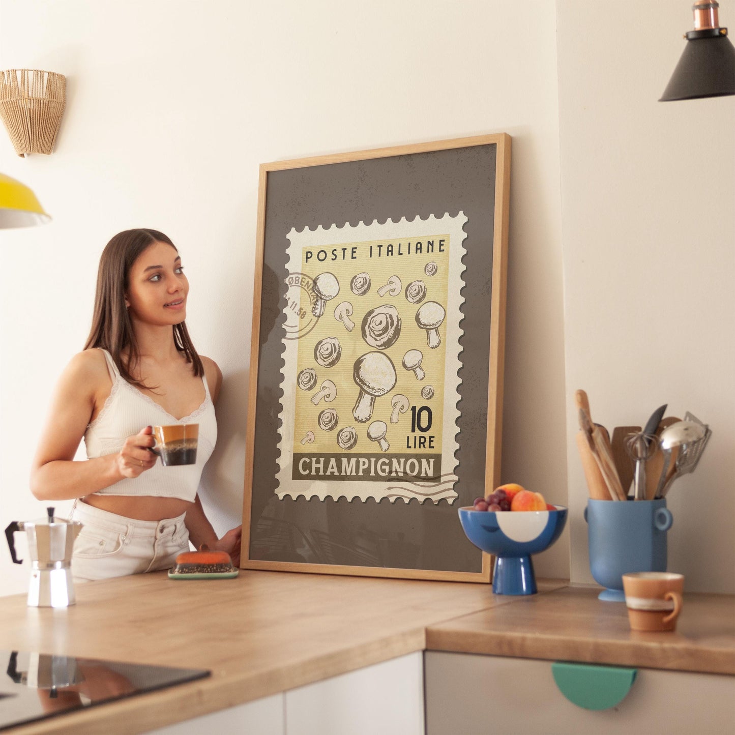 Vintage Mushroom Poster, Italian Food Art Print | Retro Kitchen Print | Retro Stamp Poster, Trendy Kitchen Art, Food Gift Ideas