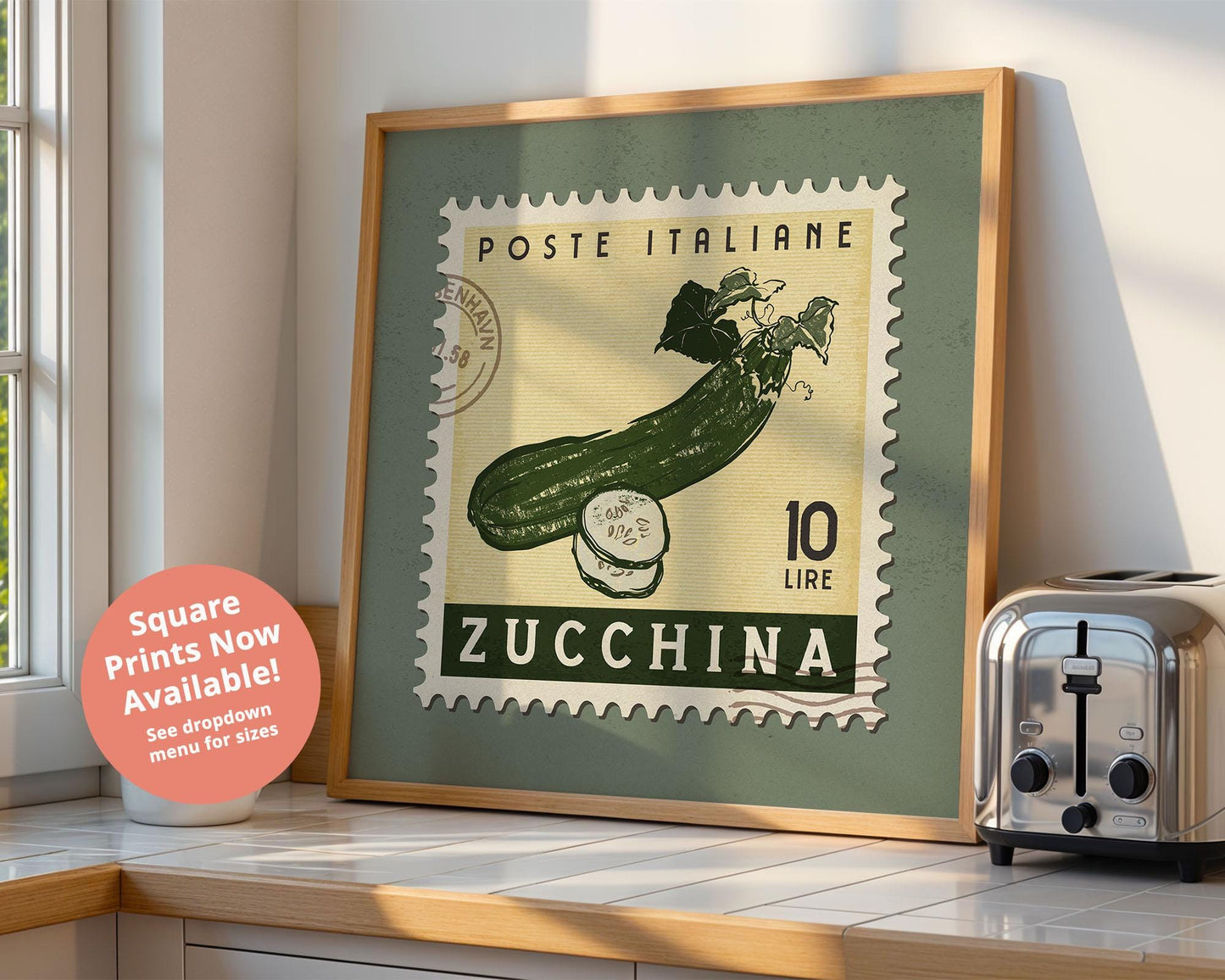 Zucchini Poster, Vintage Italian Food Art Print | Retro Kitchen Print | Retro Stamp Poster, Trendy Kitchen Art, Food Gift Ideas