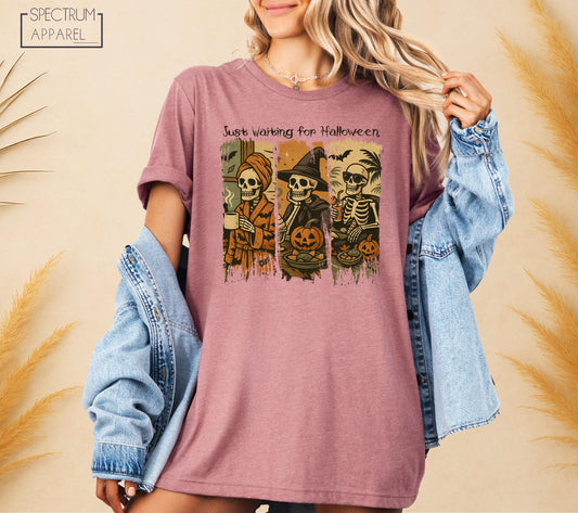 Just Waiting For Halloween T-Shirt, Funny Just Waiting For Halloween Shirt, Fall Pumpkin Skeleton Tee, Cute Halloween Vibes Skeleton T-Shirt