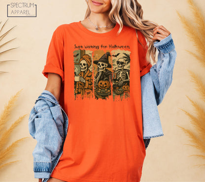 Just Waiting For Halloween T-Shirt, Funny Just Waiting For Halloween Shirt, Fall Pumpkin Skeleton Tee, Cute Halloween Vibes Skeleton T-Shirt