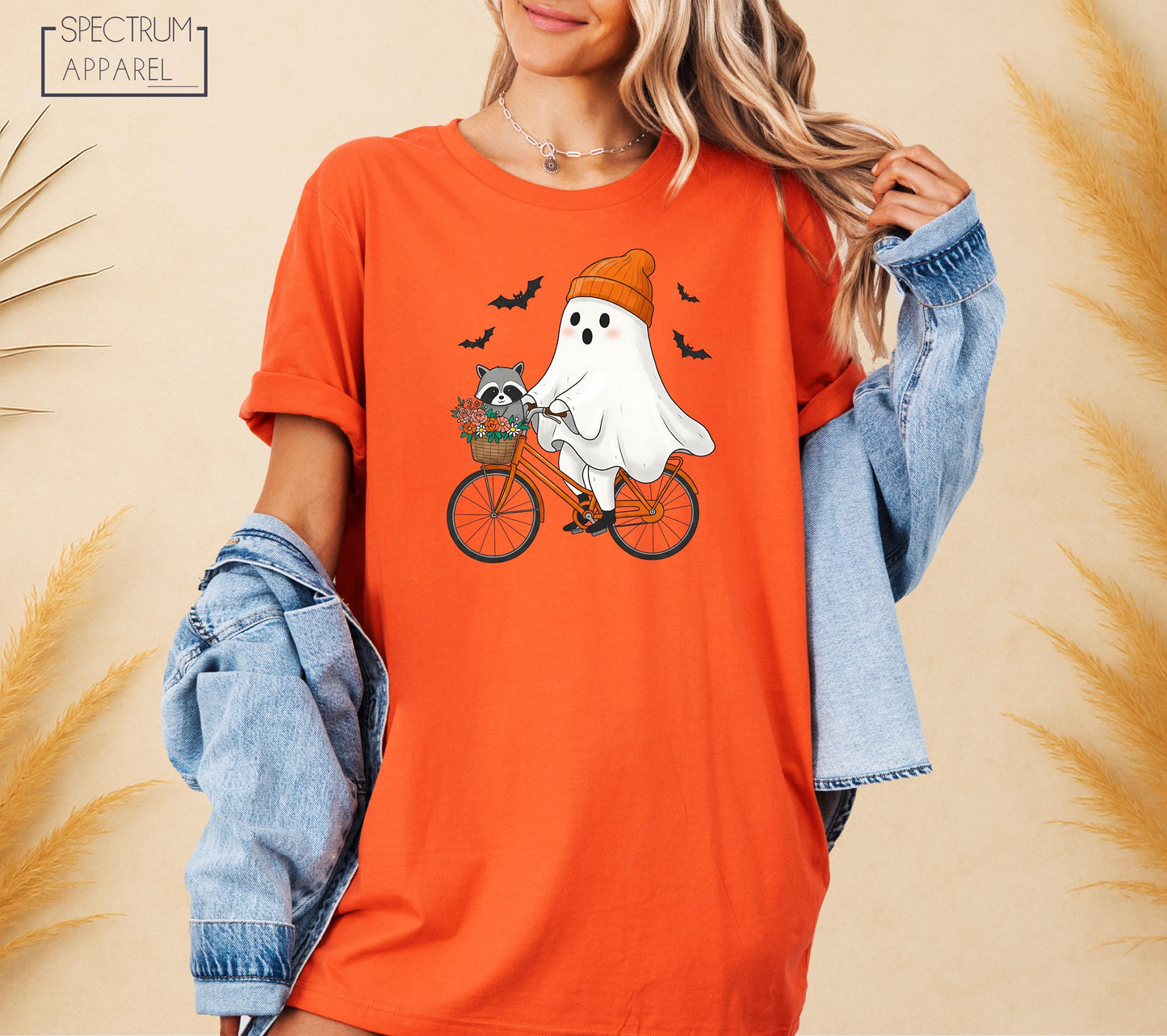 Halloween Ghost Biking T-Shirt, Raccoon Ghost Tee, Spooky Season Bike T-Shirt, Cute Fall Shirt, Ghost Bicycle T-Shirt, Cozy Halloween Shirt