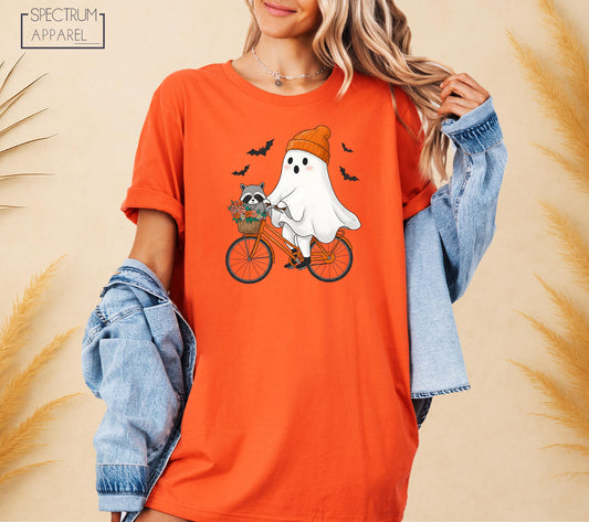 Halloween Ghost Biking T-Shirt, Raccoon Ghost Tee, Spooky Season Bike T-Shirt, Cute Fall Shirt, Ghost Bicycle T-Shirt, Cozy Halloween Shirt