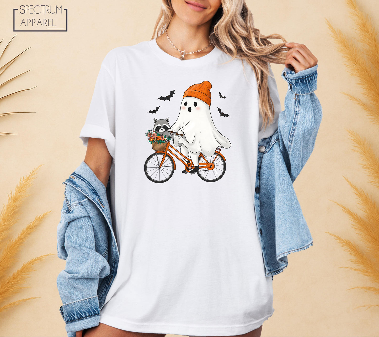 Halloween Ghost Biking T-Shirt, Raccoon Ghost Tee, Spooky Season Bike T-Shirt, Cute Fall Shirt, Ghost Bicycle T-Shirt, Cozy Halloween Shirt