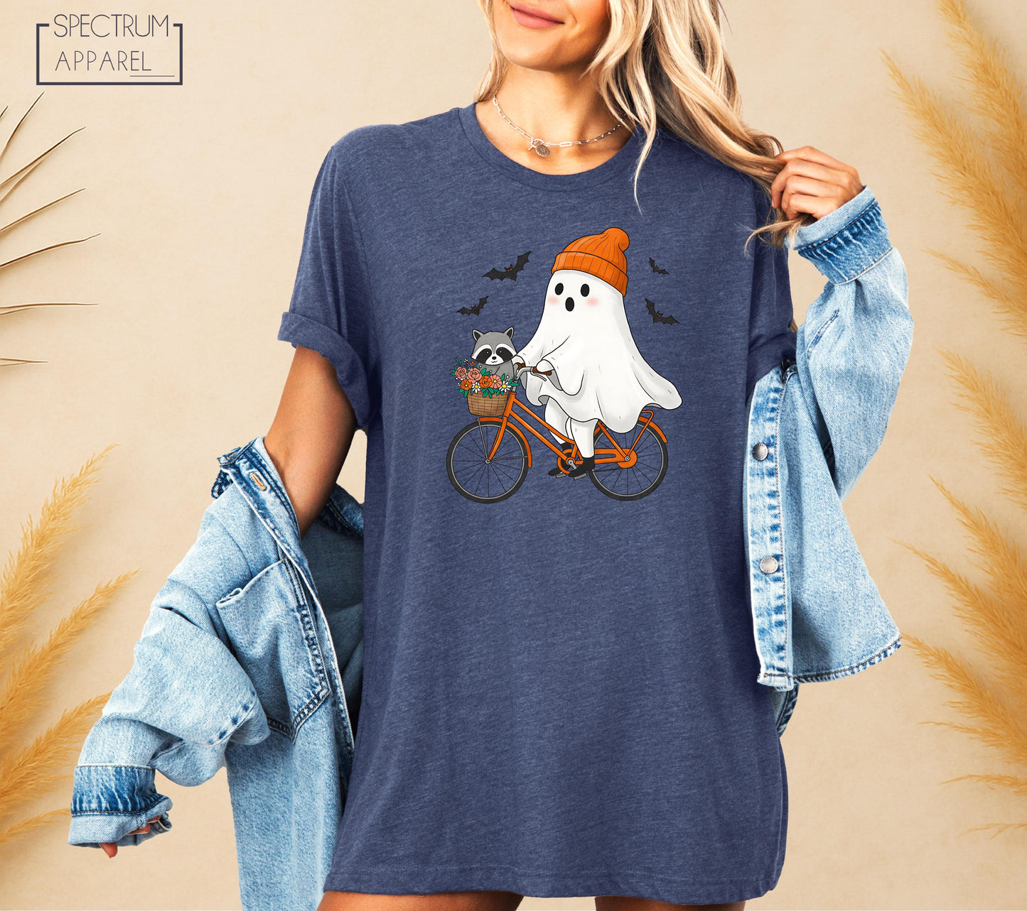 Halloween Ghost Biking T-Shirt, Raccoon Ghost Tee, Spooky Season Bike T-Shirt, Cute Fall Shirt, Ghost Bicycle T-Shirt, Cozy Halloween Shirt