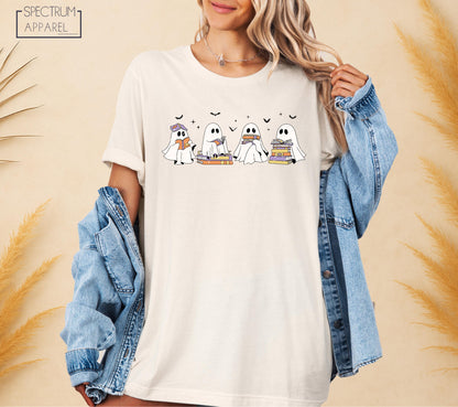 Halloween Reading Ghosts T-Shirt, Bookworm Ghost Fall Tee, Spooky Season Reading T-Shirt, Cute Ghost Book Stack Shirt, Autumn Reading Tee