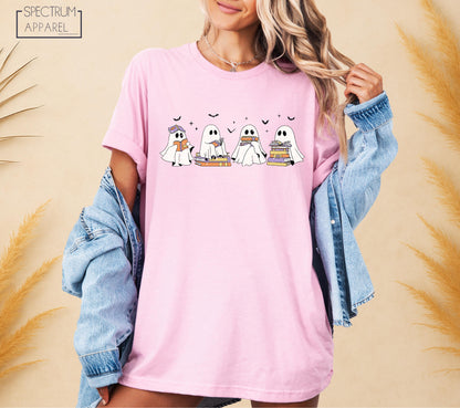 Halloween Reading Ghosts T-Shirt, Bookworm Ghost Fall Tee, Spooky Season Reading T-Shirt, Cute Ghost Book Stack Shirt, Autumn Reading Tee