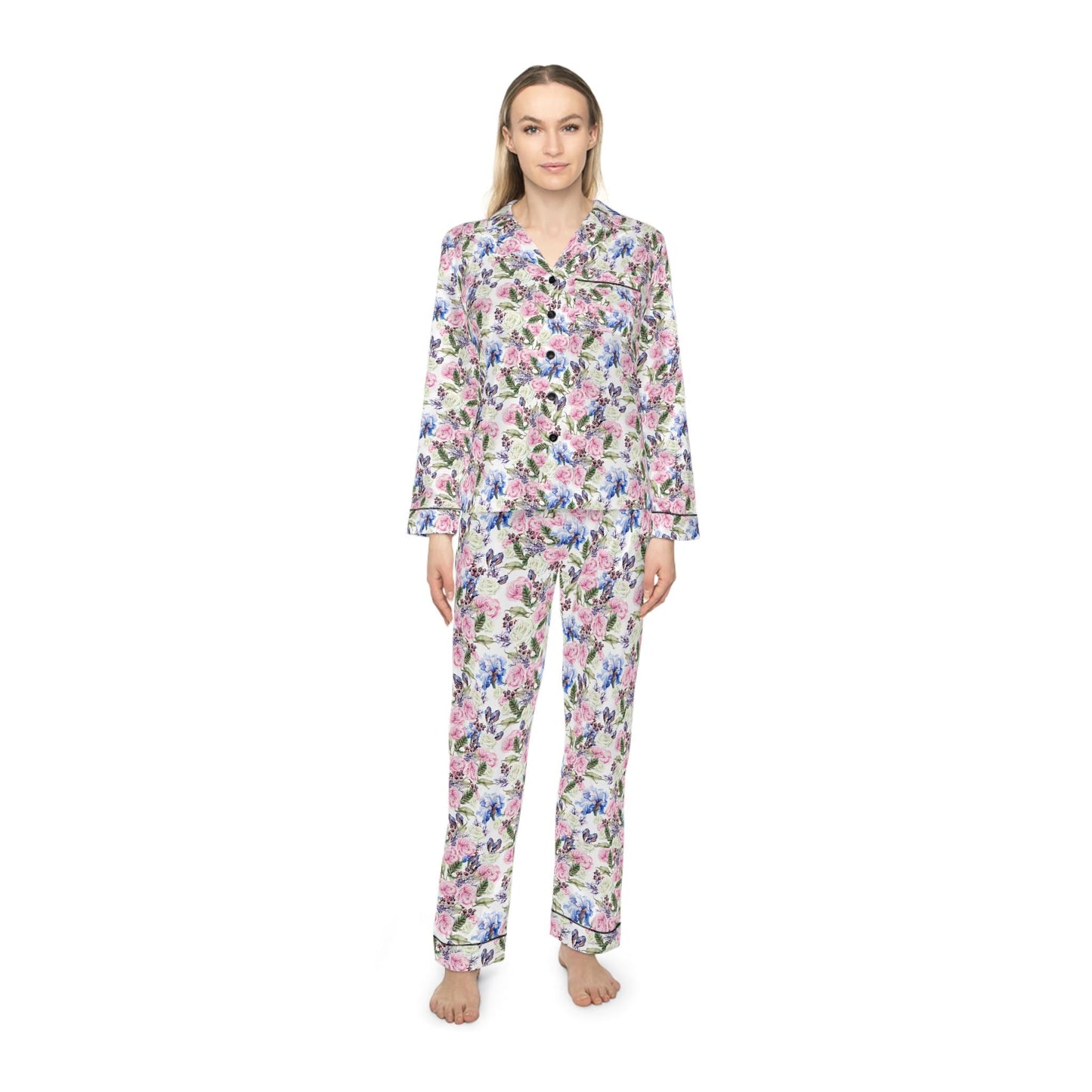 Romantic Watercolor Floral Bridal Pajama Set • Garden Wedding Sleepwear • Bridesmaid Gift • Satin Lounge Set with Roses & Leaves
