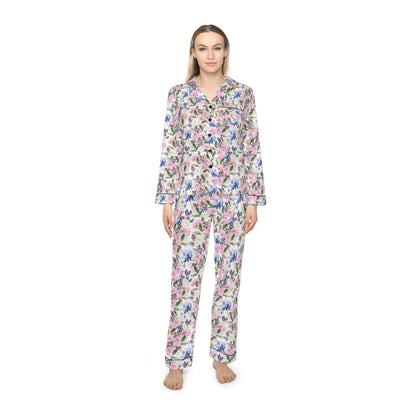 Romantic Watercolor Floral Bridal Pajama Set • Garden Wedding Sleepwear • Bridesmaid Gift • Satin Lounge Set with Roses & Leaves