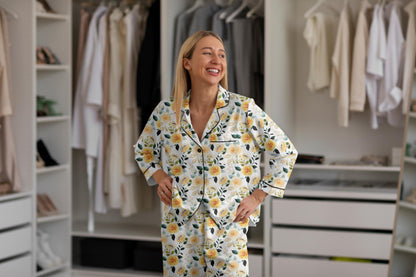 Yellow Floral Bridal Pajama Set – Satin Bride Pajamas for Getting Ready, Bridesmaid Pajamas, Wedding PJs, Bridal Shower Gift, Lemon Bridal