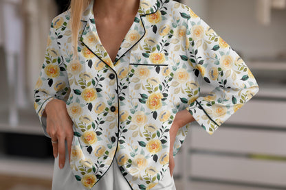 Yellow Floral Bridal Pajama Set – Satin Bride Pajamas for Getting Ready, Bridesmaid Pajamas, Wedding PJs, Bridal Shower Gift, Lemon Bridal