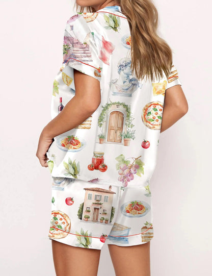 Italy Watercolor Travel Silky Satin Pajama Set For Women  Pajamas Set