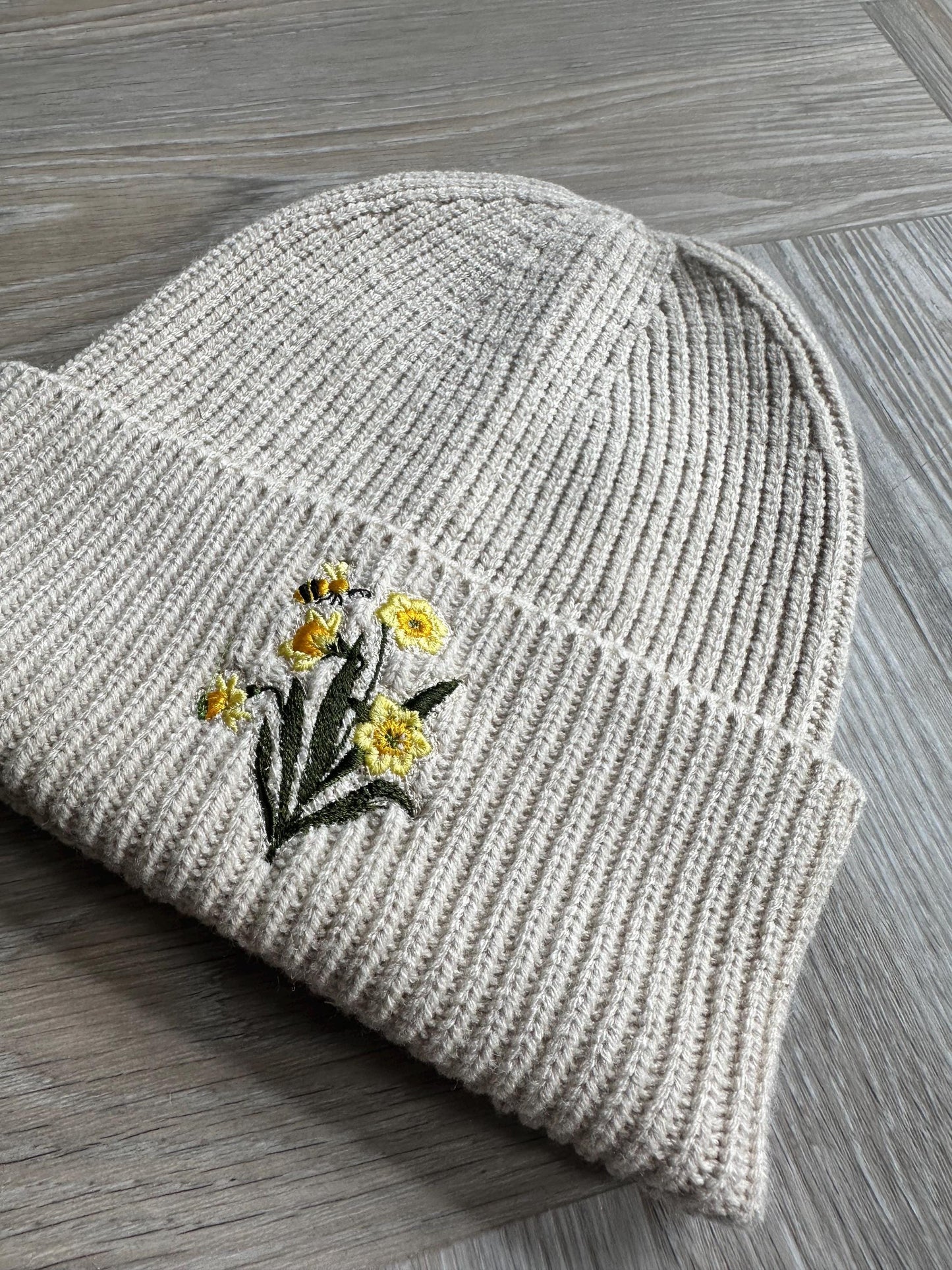 Daffodil and Bee Embroidered Beanie, Spring Gift Hat, Adult Beanie, Nature Beanie, Botanical Hat, Gift for Nature Lovers, Floral Beanie