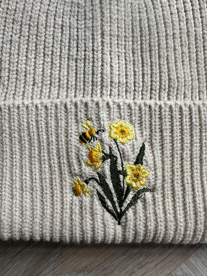 Daffodil and Bee Embroidered Beanie, Spring Gift Hat, Adult Beanie, Nature Beanie, Botanical Hat, Gift for Nature Lovers, Floral Beanie