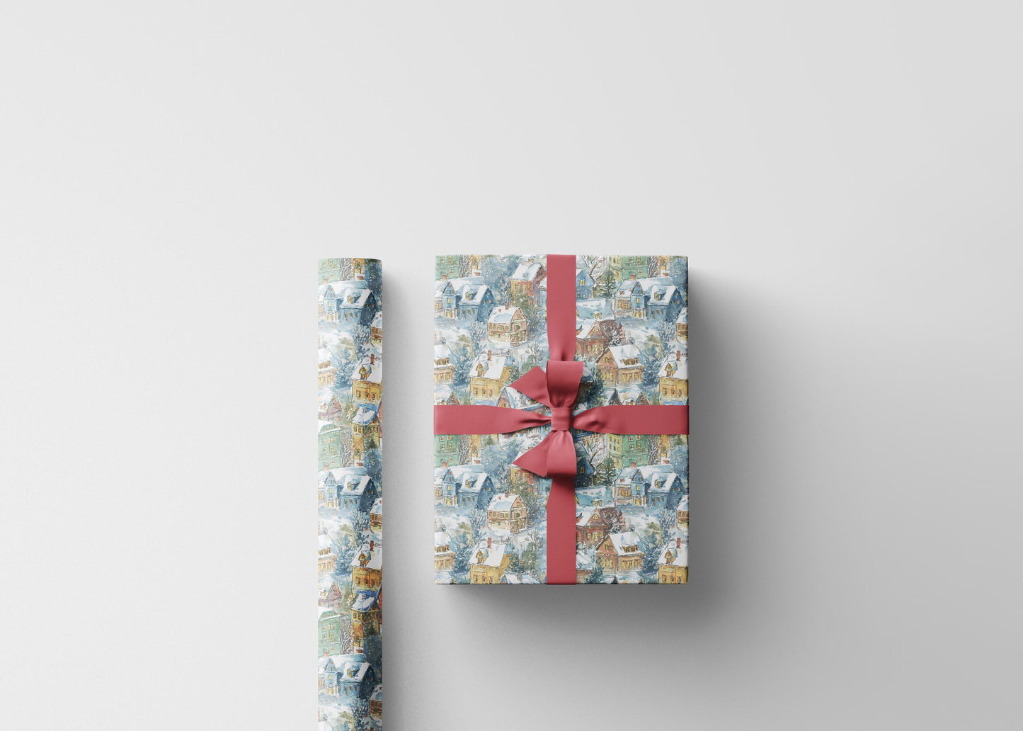 Christmas village Wrapping Paper, Vintage-Inspired Gift Wrap Roll, Retro Nordic Print for Holidays