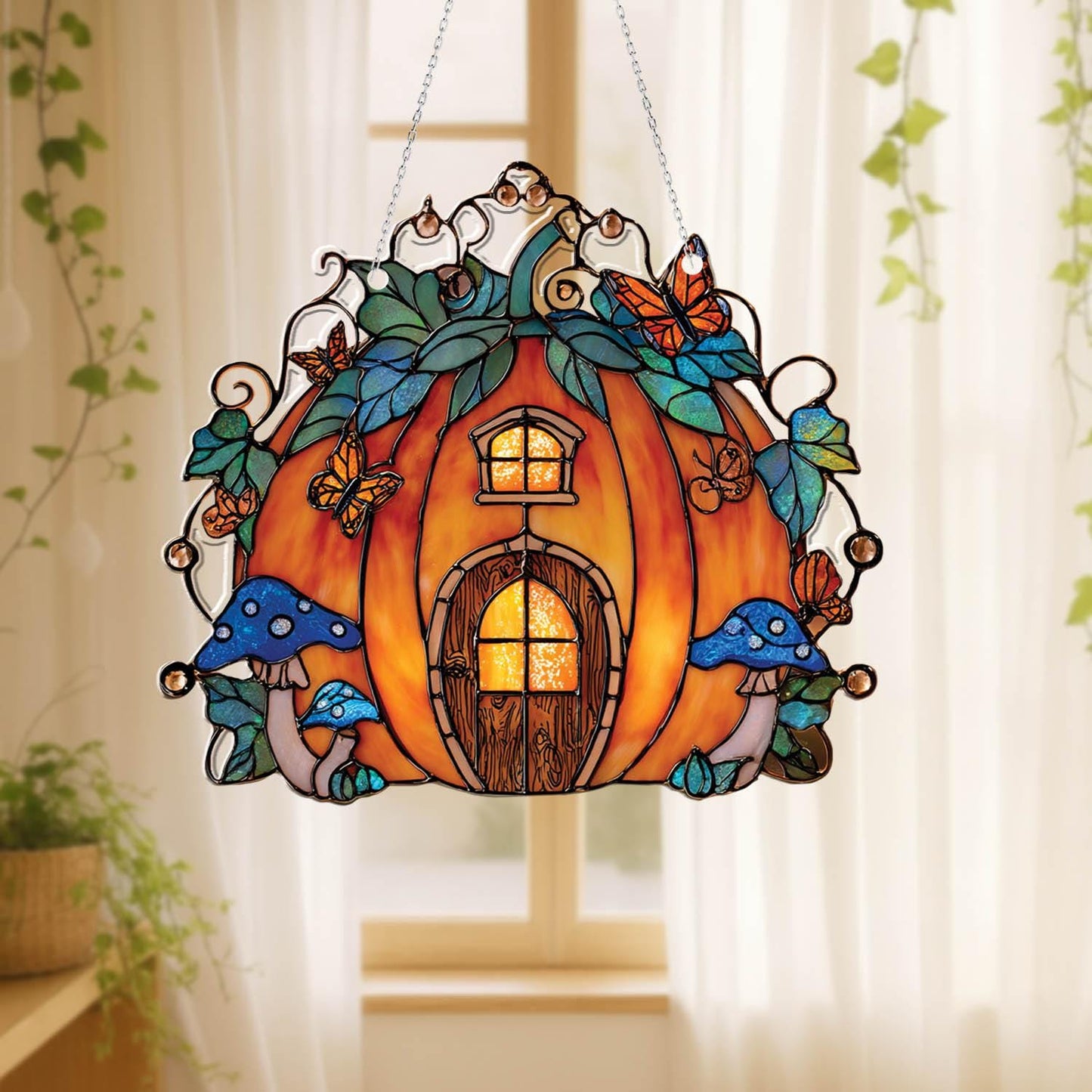 Pumpkin House Window Hanging, Fall Autumn Decor, Handcrafted Acrylic Ornament, Perfect Halloween Home Decoration, Halloween Home Decor