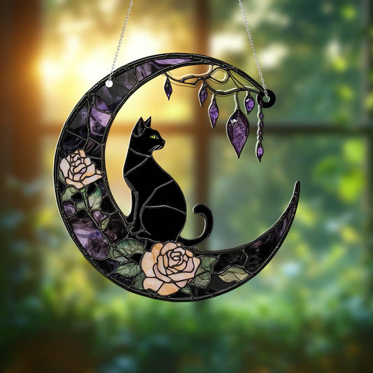 Black Cat and Moon Window Hanging, Gothic Home Decor, Handcrafted Acrylic Ornament, Perfect for Witchy Halloween Decoration, Halloween Decor
