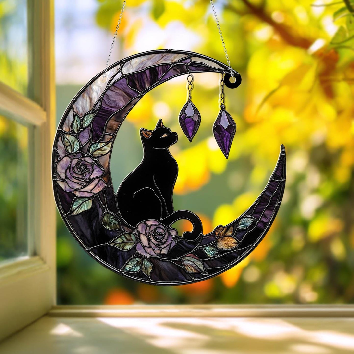 Black Cat and Moon Window Hanging, Gothic Home Decor, Handcrafted Acrylic Ornament, Perfect for Witchy Halloween Decoration, Halloween Decor