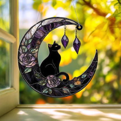 Black Cat and Moon Window Hanging, Gothic Home Decor, Handcrafted Acrylic Ornament, Perfect for Witchy Halloween Decoration, Halloween Decor