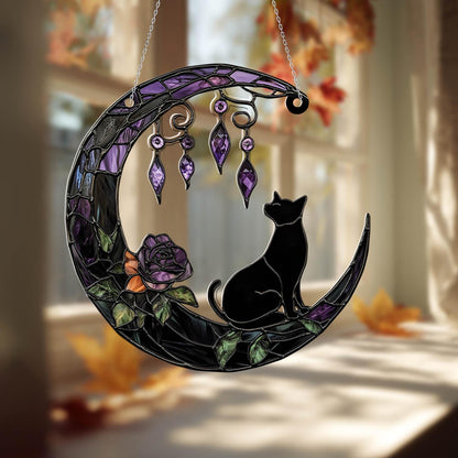 Black Cat and Moon Window Hanging, Gothic Home Decor, Handcrafted Acrylic Ornament, Perfect for Witchy Halloween Decoration, Halloween Decor