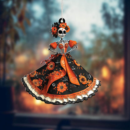Day of the Dead Skeleton with Flowers Window Hanging, Halloween Decor, Handcrafted Acrylic Ornament, Perfect for Gothic Home Decoration
