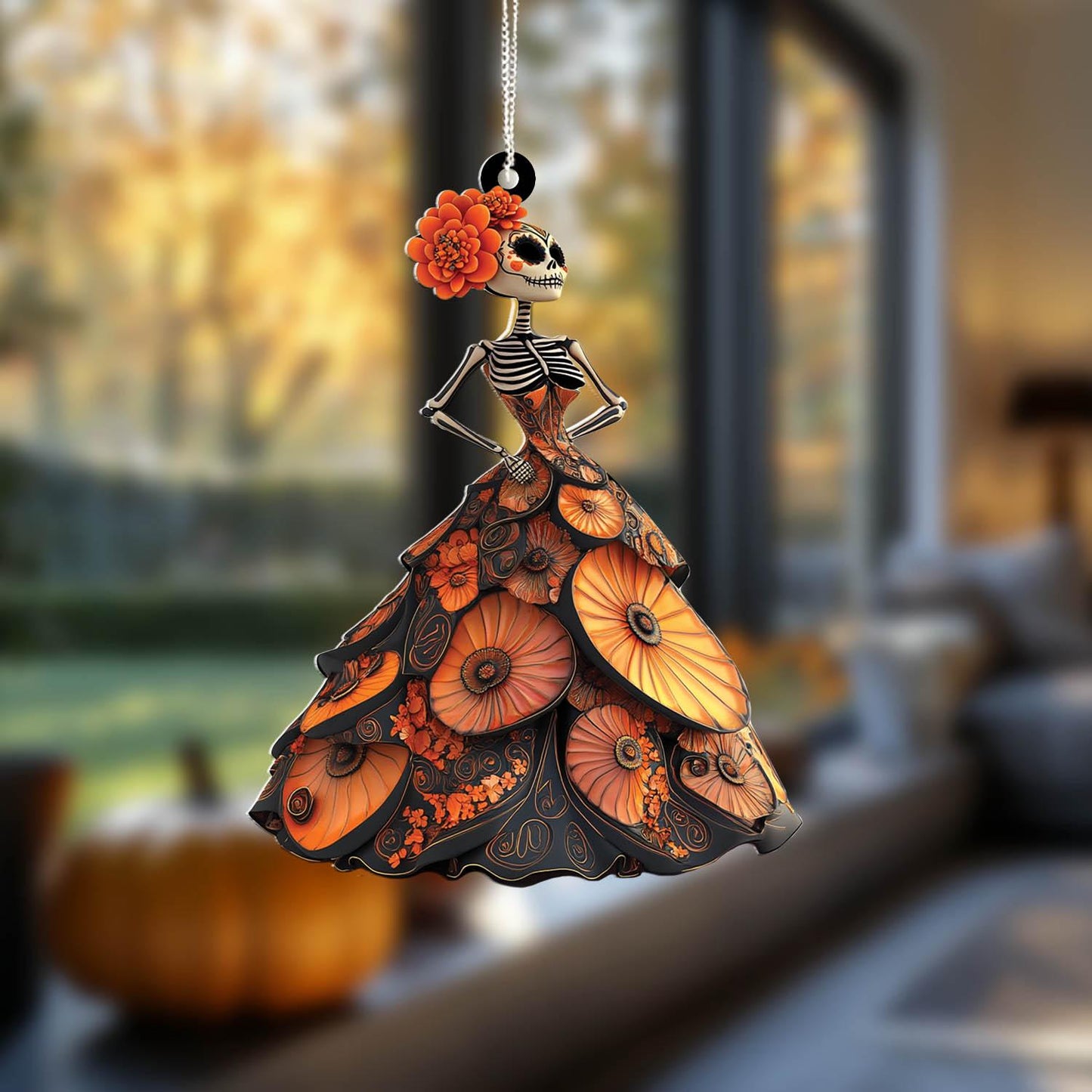 Day of the Dead Skeleton with Flowers Window Hanging, Halloween Decor, Handcrafted Acrylic Ornament, Perfect for Gothic Home Decoration