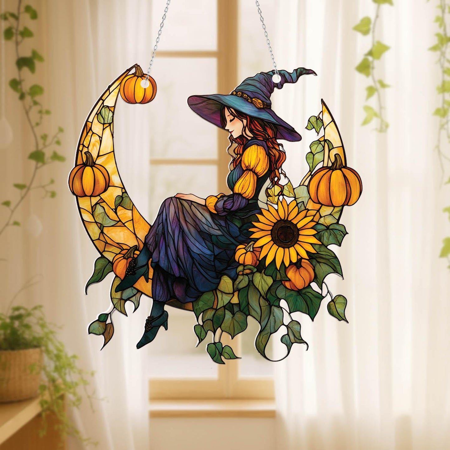 Witch on Crescent Moon with Pumpkin and Sunflower Window Hanging, Fall Autumn Decor, Handcrafted Acrylic Ornament, Perfect Halloween Decor