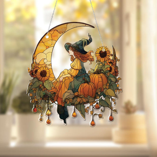 Witch on Crescent Moon with Sunflowers and Pumpkins Window Hanging, Fall Autumn Decor, Handcrafted Acrylic Ornament, Perfect Halloween Decor