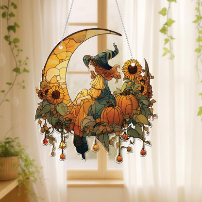 Witch on Crescent Moon with Sunflowers and Pumpkins Window Hanging, Fall Autumn Decor, Handcrafted Acrylic Ornament, Perfect Halloween Decor
