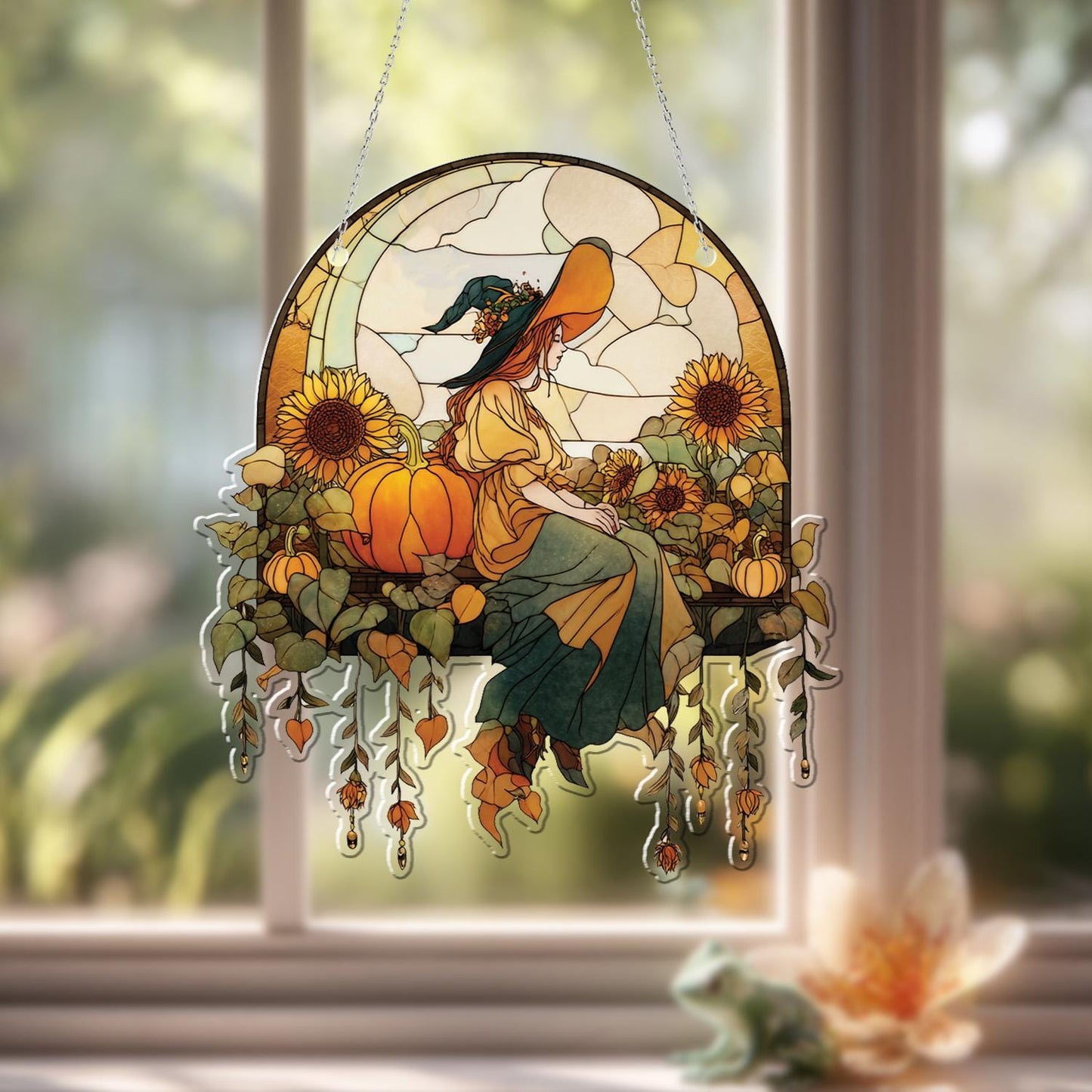 Witch with Sunflowers and Pumpkins Window Hanging, Fall Autumn Decor, Handcrafted Acrylic Ornament, Perfect Halloween Decoration for Home