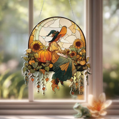 Witch with Sunflowers and Pumpkins Window Hanging, Fall Autumn Decor, Handcrafted Acrylic Ornament, Perfect Halloween Decoration for Home