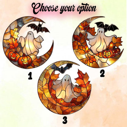 Ghost, Pumpkin, and Bat on Crescent Moon Window Hanging, Halloween Fall Decor, Handcrafted Acrylic Ornament, Perfect for Spooky Home Decor