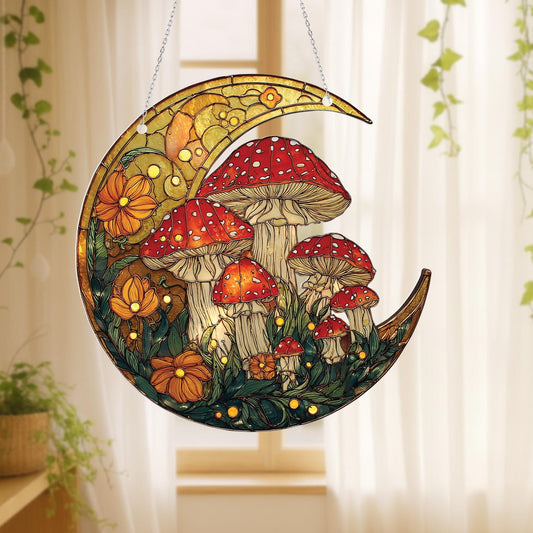 Mushroom Crescent Moon Window Hanging, Autumn Fall Decor, Handcrafted Acrylic Ornament, Perfect for Witchy Halloween Home Decoration