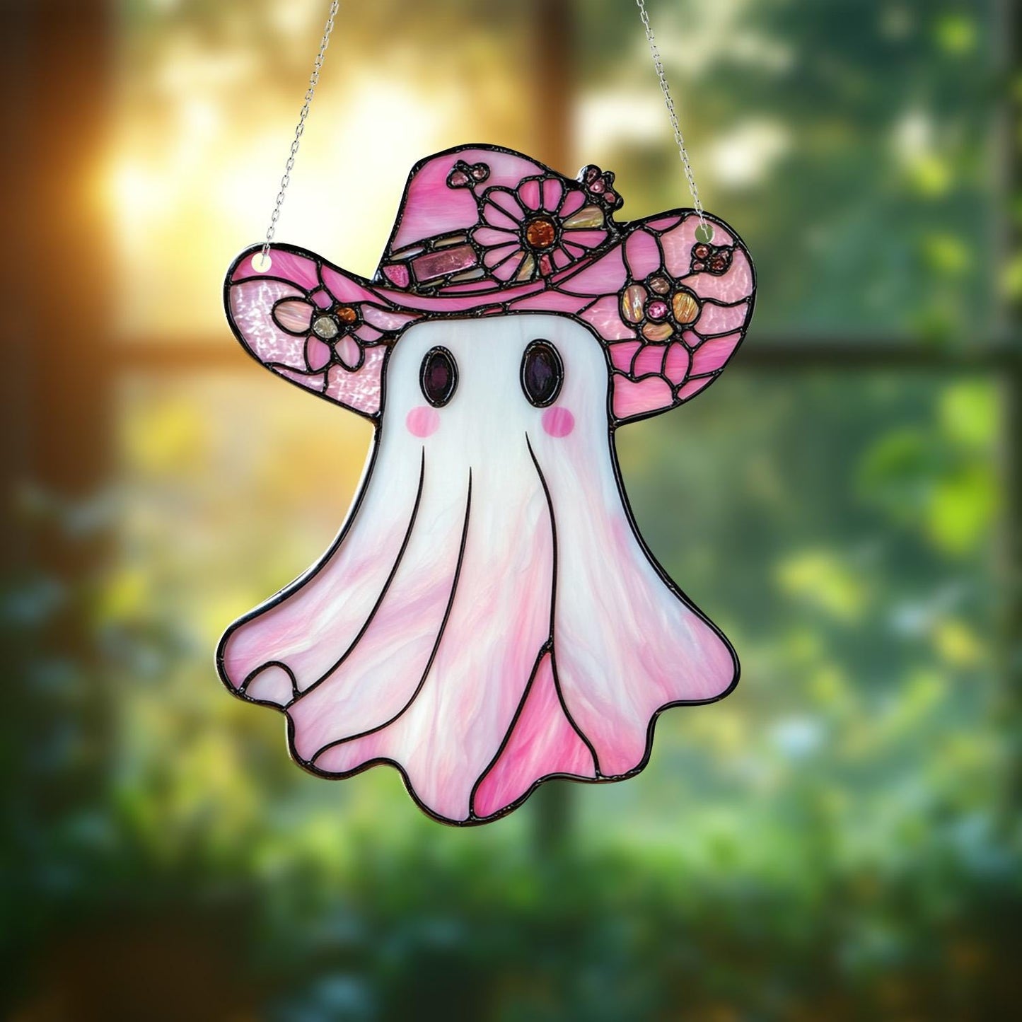 Floral Ghost Window Hanging, Cute Ghost with Flower Hat, Fall Autumn Decor, Handcrafted Acrylic Ornament, Perfect Halloween Decoration