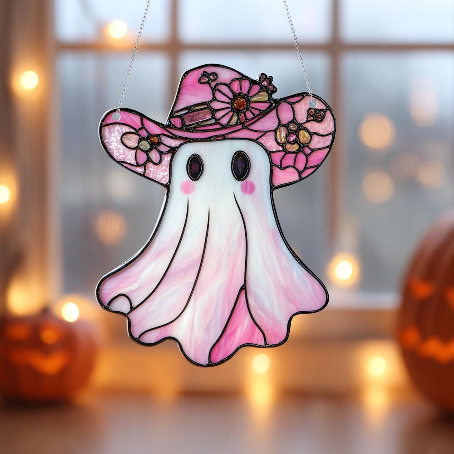 Floral Ghost Window Hanging, Cute Ghost with Flower Hat, Fall Autumn Decor, Handcrafted Acrylic Ornament, Perfect Halloween Decoration
