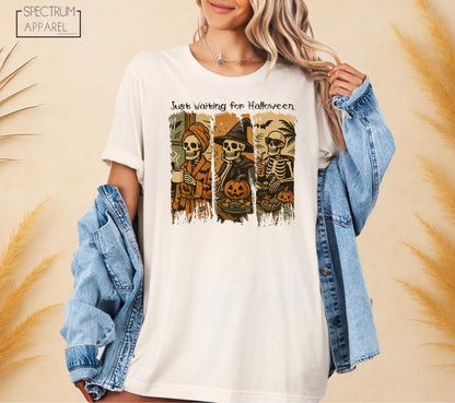 Just Waiting For Halloween T-Shirt, Funny Just Waiting For Halloween Shirt, Fall Pumpkin Skeleton Tee, Cute Halloween Vibes Skeleton T-Shirt