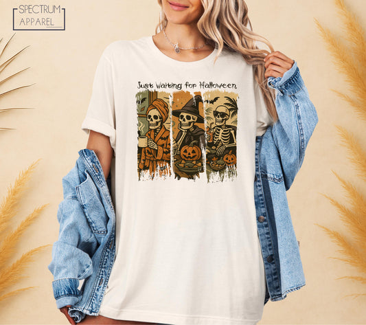 Just Waiting For Halloween T-Shirt, Funny Just Waiting For Halloween Shirt, Fall Pumpkin Skeleton Tee, Cute Halloween Vibes Skeleton T-Shirt