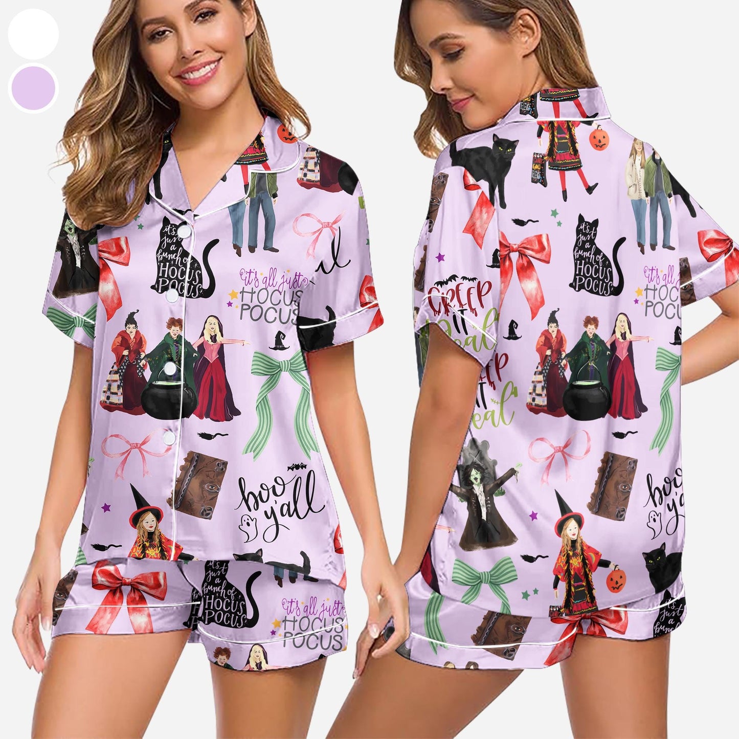 Hocus Pocus Pajamas Set, Sanderson Sisters Satin Pajamas, Spooky Season Pajamas Set, Trick Or Treat Shirt, houcus picus wind spinner