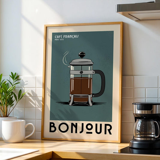 French Press Coffee Poster, Coffee Bar Art Print, Modern Kitchen Wall Art | Vintage Coffee Poster | Coffee Bar Decor for Coffee Lover