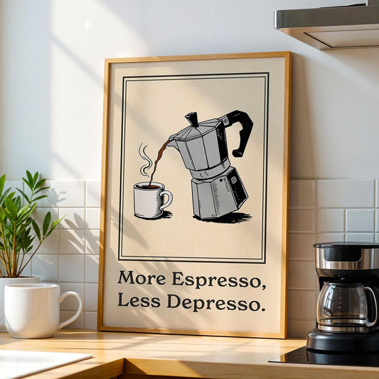 More Espresso Less Depresso Coffee Poster, Coffee Bar Art Print, Kitchen Wall Art | Vintage Coffee Poster | Coffee Decor for Coffee Lover
