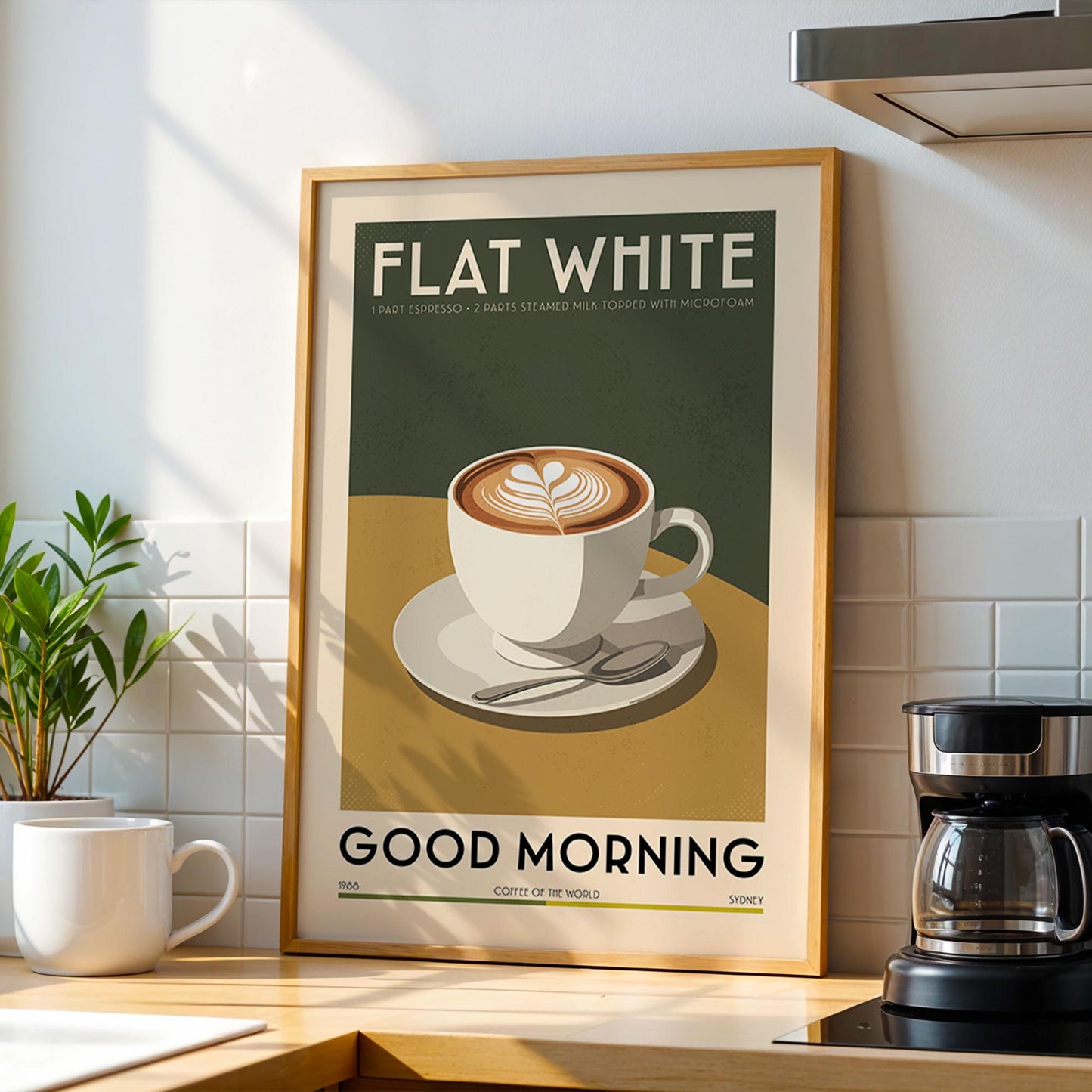 Flat White Coffee Poster, Kitchen Coffee Bar Art Print, Coffee Bar Sign | Vintage Coffee Poster | Kitchen Wall Art for Coffee Bar