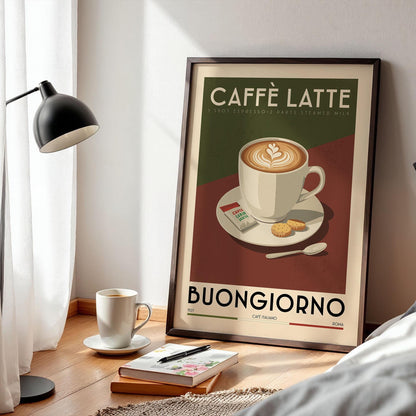 Caffe Latte Coffee Poster, Kitchen Coffee Bar Art Print, Coffee Bar Sign | Vintage Coffee Poster | Coffee Gift for Coffee Lover