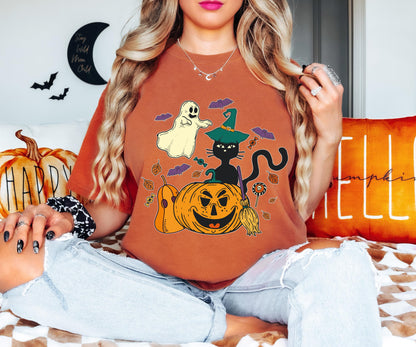 Black Cat Pumpkin Shirt, Cat Halloween Sweatshirt, Ghost Cat Shirt, Witch Spooky T-Shirt, Spooky Season Tee, Cat Lover Halloween Shirt