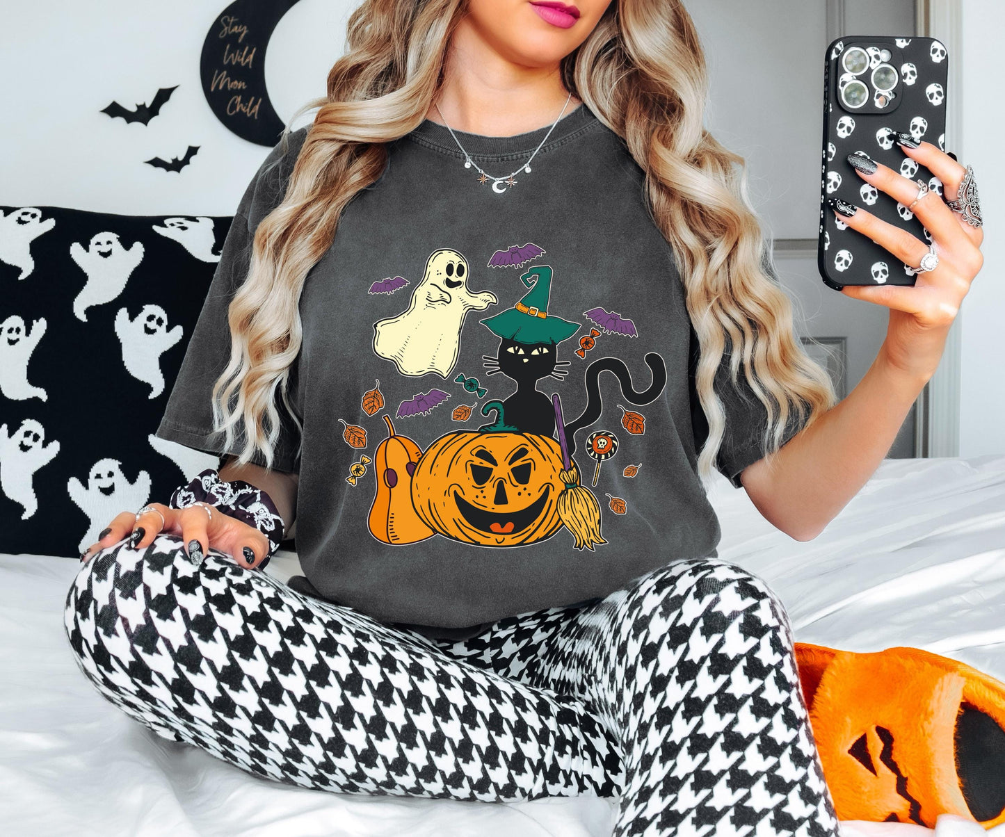 Black Cat Pumpkin Shirt, Cat Halloween Sweatshirt, Ghost Cat Shirt, Witch Spooky T-Shirt, Spooky Season Tee, Cat Lover Halloween Shirt
