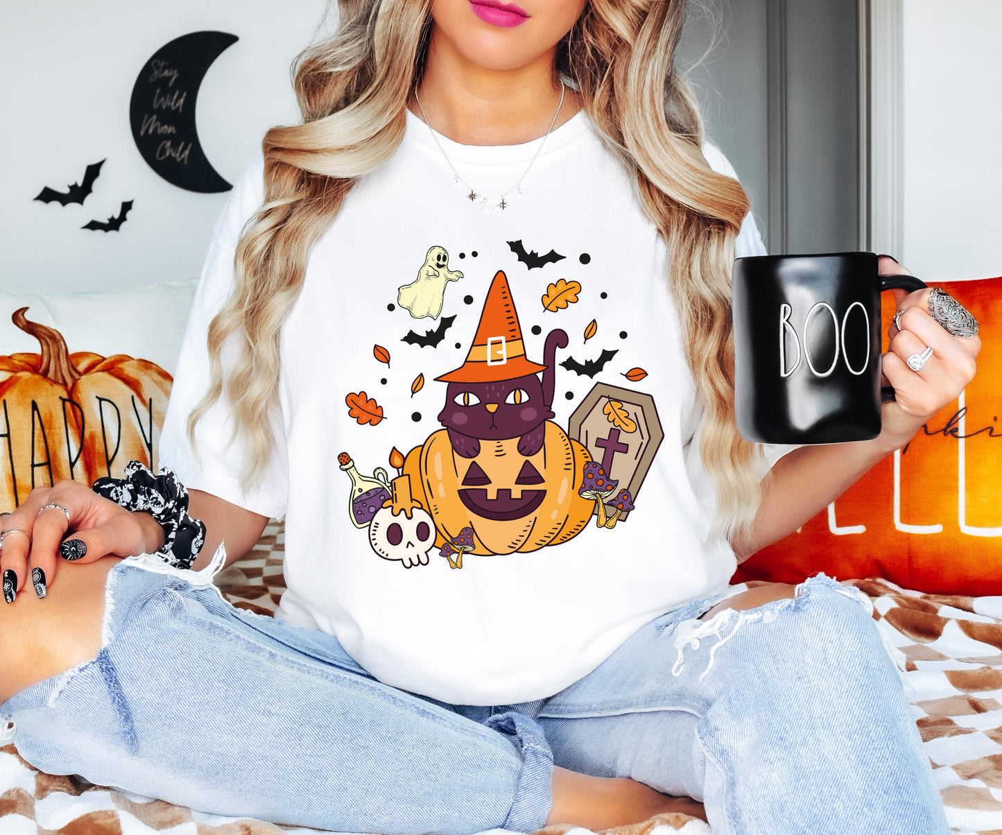 Black Cat Pumpkin Shirt, Cat Halloween T-Shirt, Ghost Cat Sweatshirt, Witch Spooky Shirt, Fall Season Sweatshirt, Cat Lover Halloween Shirt