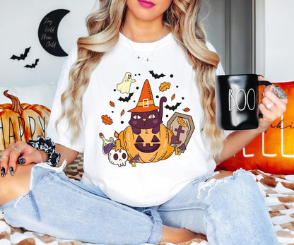 Black Cat Pumpkin Shirt, Cat Halloween T-Shirt, Ghost Cat Sweatshirt, Witch Spooky Shirt, Fall Season Sweatshirt, Cat Lover Halloween Shirt
