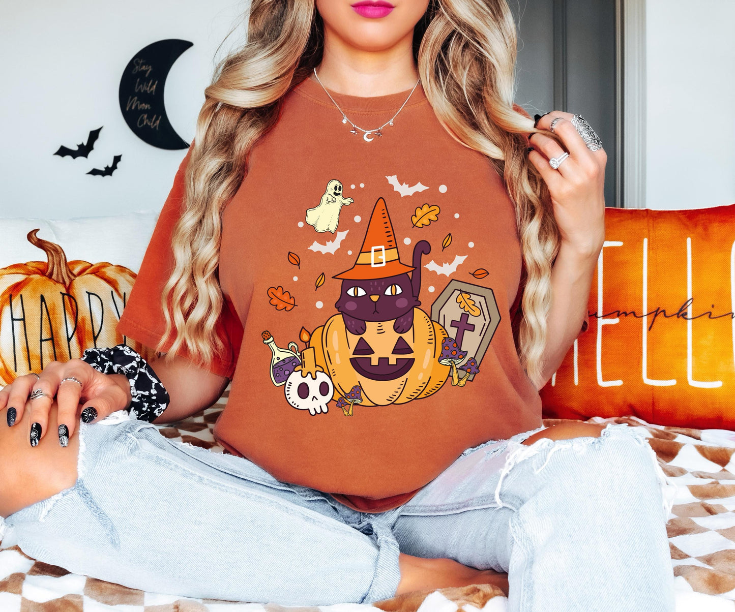 Black Cat Pumpkin Shirt, Cat Halloween T-Shirt, Ghost Cat Sweatshirt, Witch Spooky Shirt, Fall Season Sweatshirt, Cat Lover Halloween Shirt
